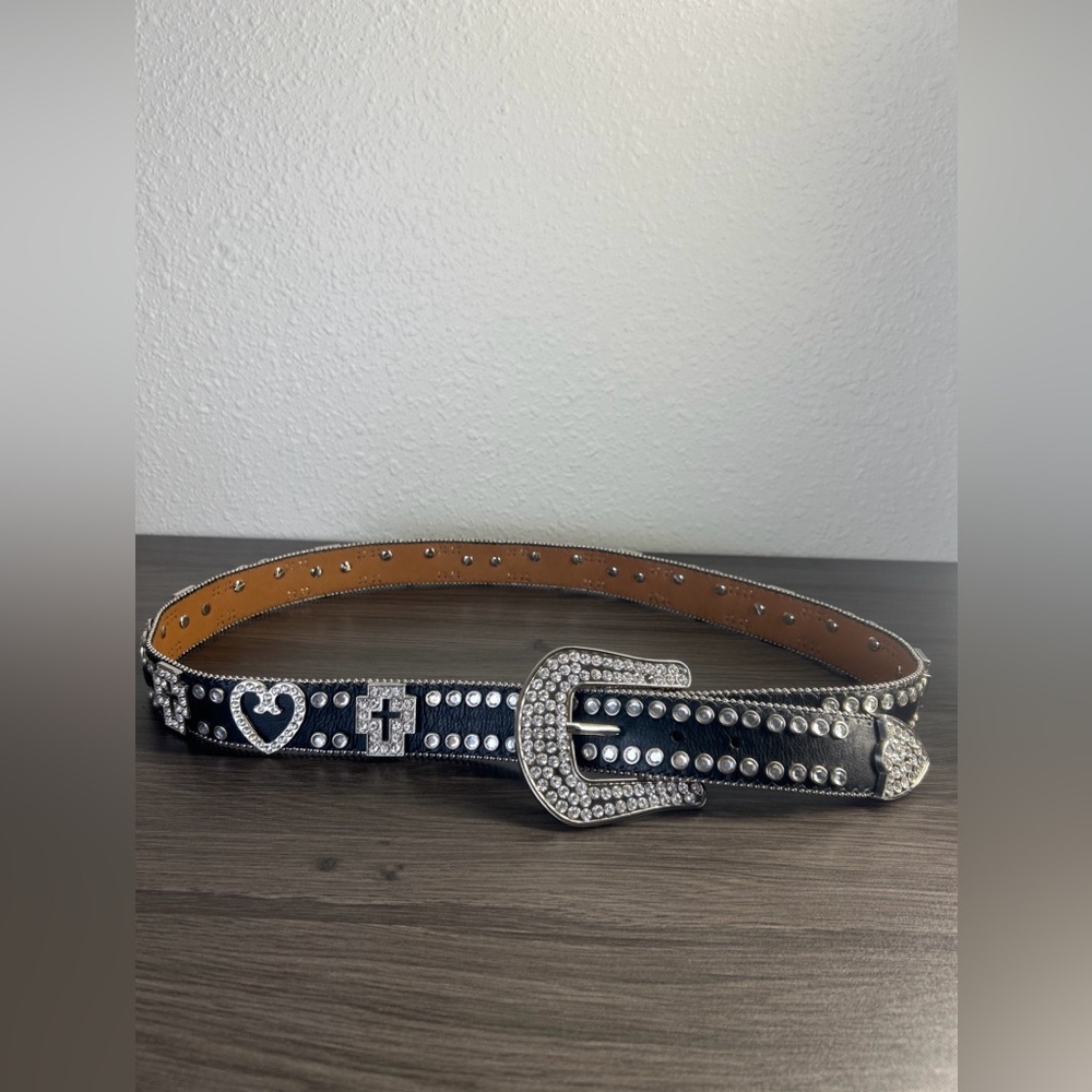 Nocona Rhinestone Leather Belt XL Western Bling Hearts Cross 1.5” Wide Y2K Black